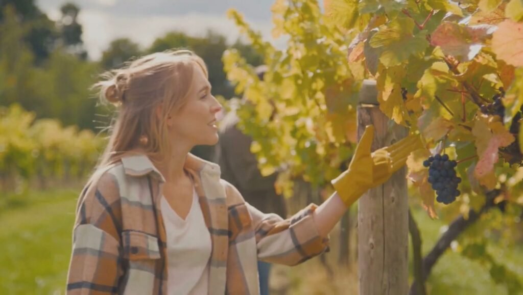picking grapes at green vineyard