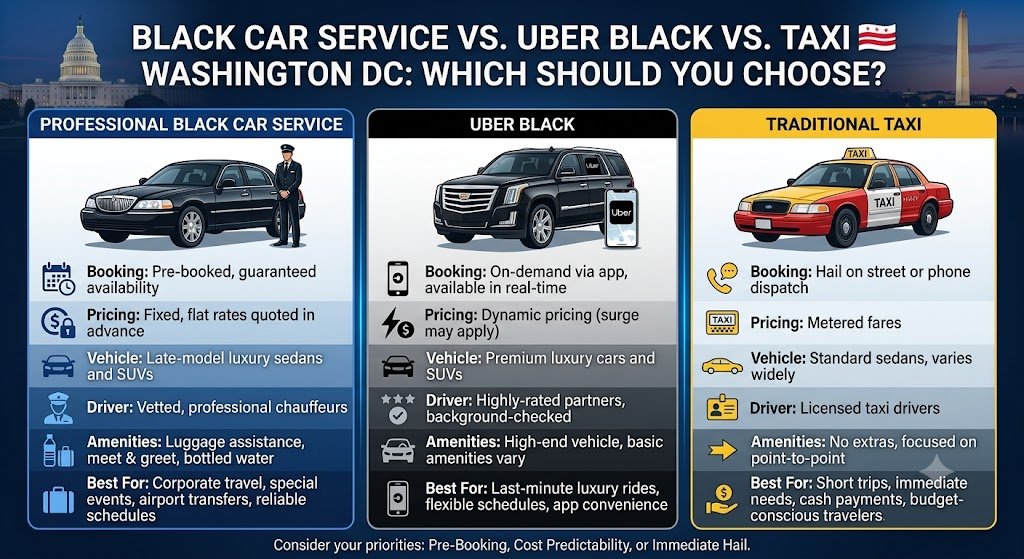 Black car, Uber Black, or taxi — which is right for your DC trip? Compare pricing, reliability, and best use cases before you book.